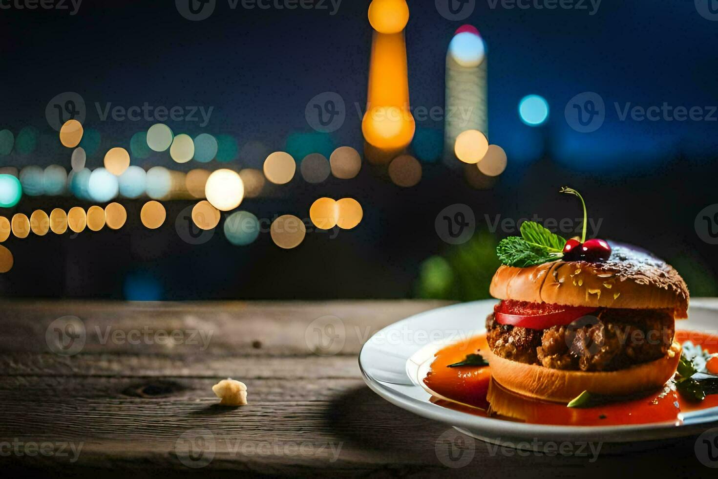 a burger with tomato and cheese on a plate with a cityscape in the background. AI-Generated photo