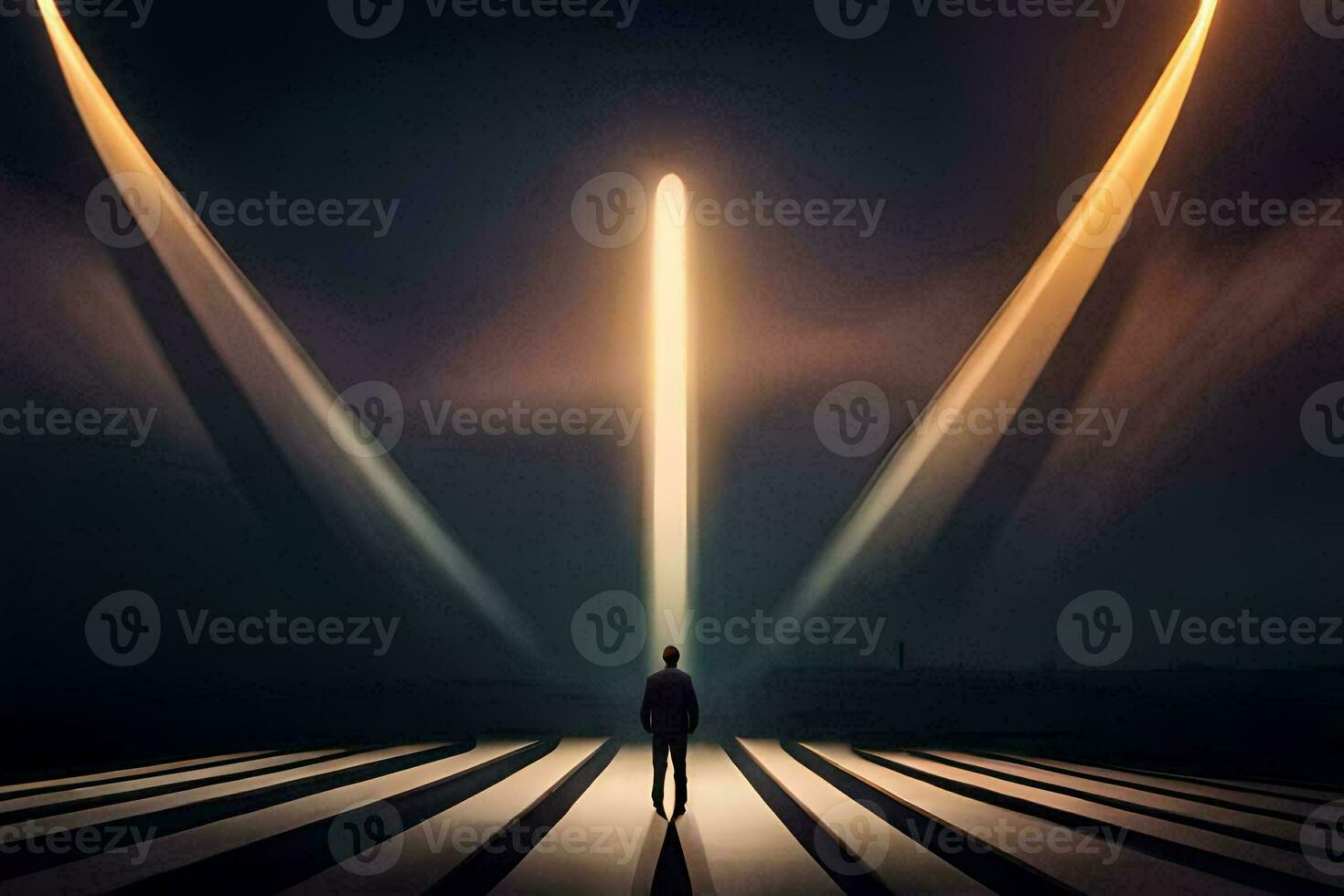 a man stands in front of a light beam coming from the sky. AI-Generated photo