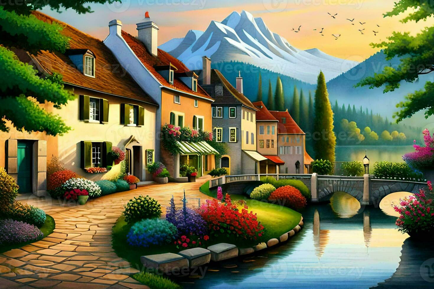 a painting of a village with a bridge and flowers. AI-Generated photo