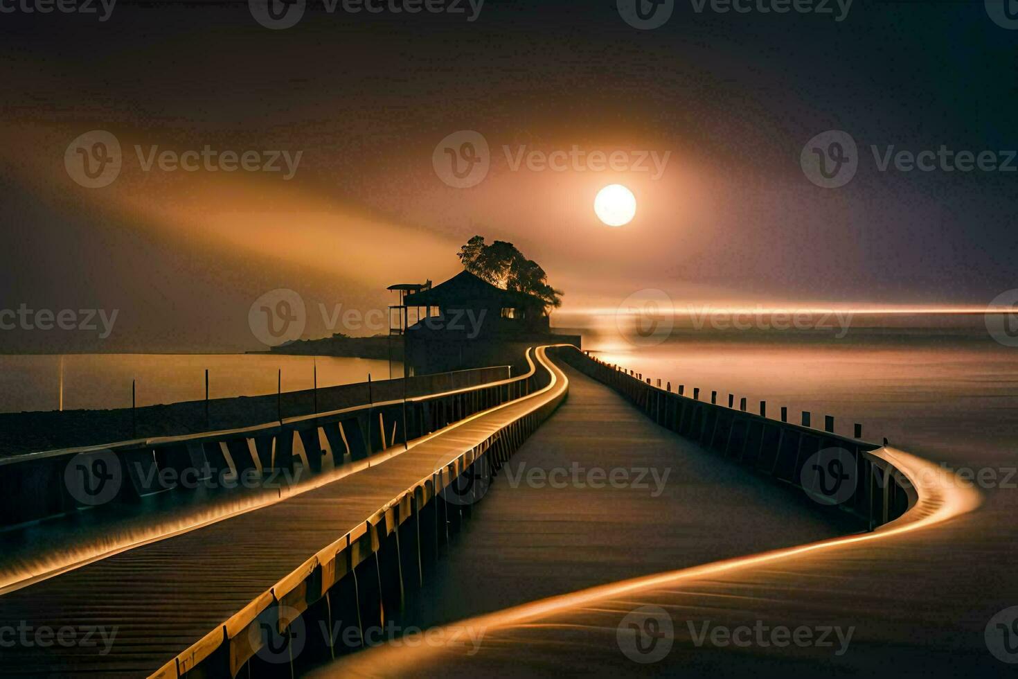 a long pier with a moon in the sky. AI-Generated photo
