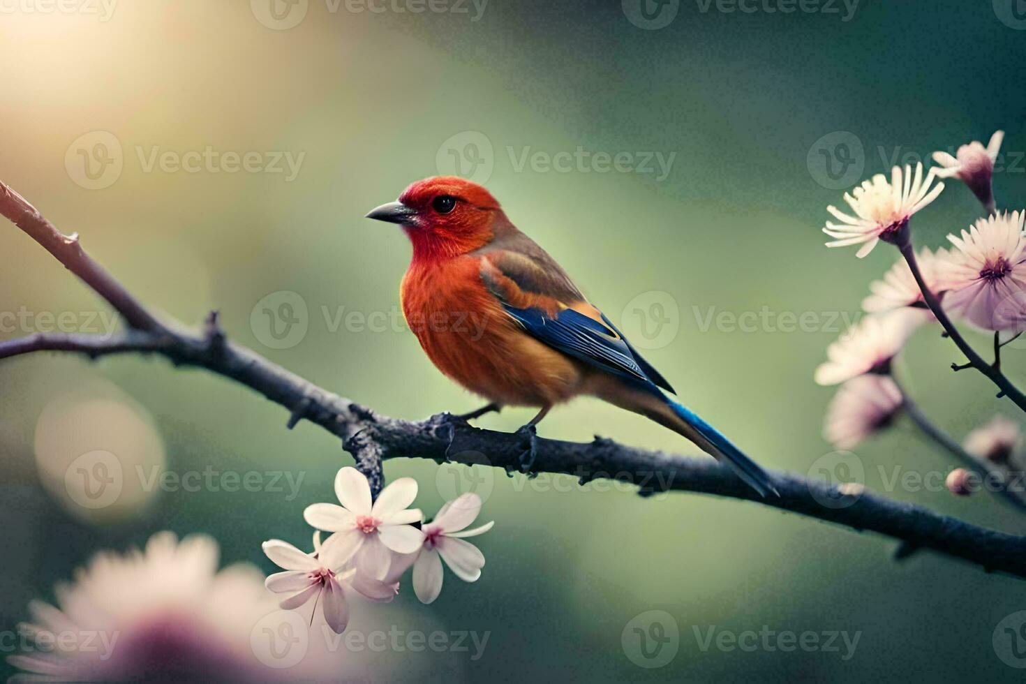 a red bird is sitting on a branch with flowers. AI-Generated photo