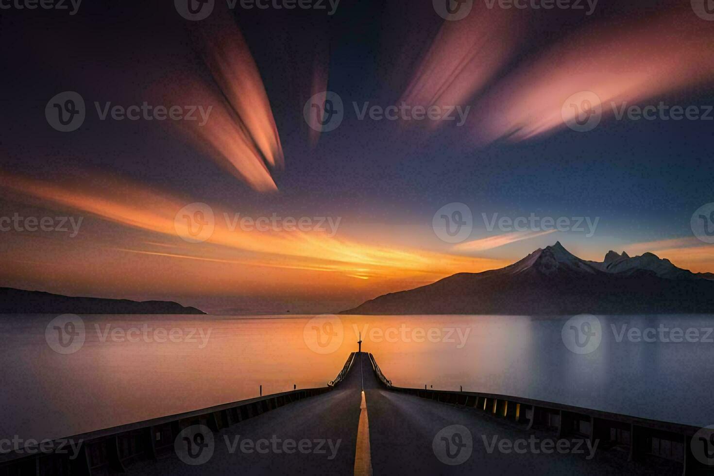 a long exposure photograph of a road leading to a mountain. AI-Generated photo