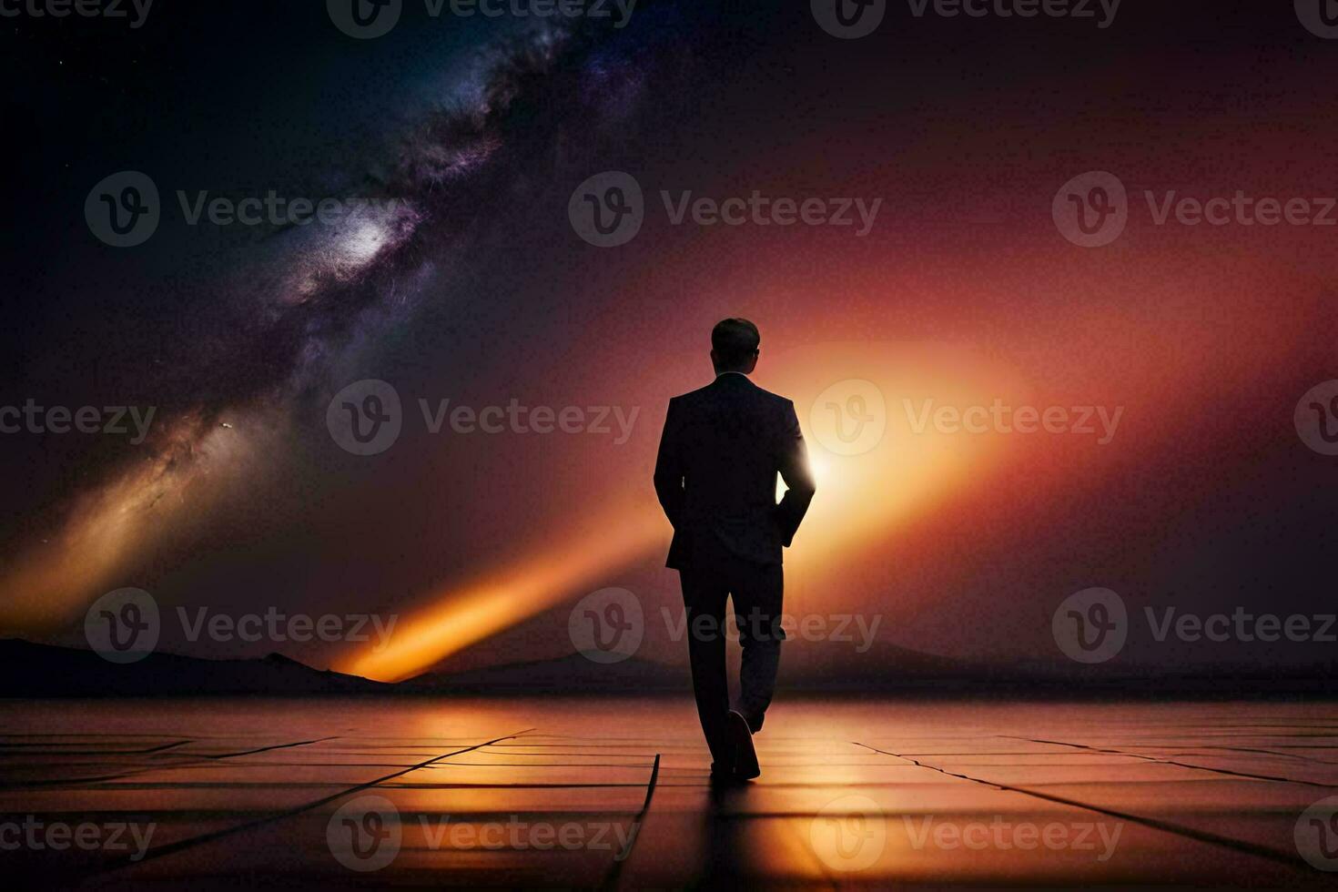 un hombre en un traje soportes en frente de un galaxia. generado por ai foto
