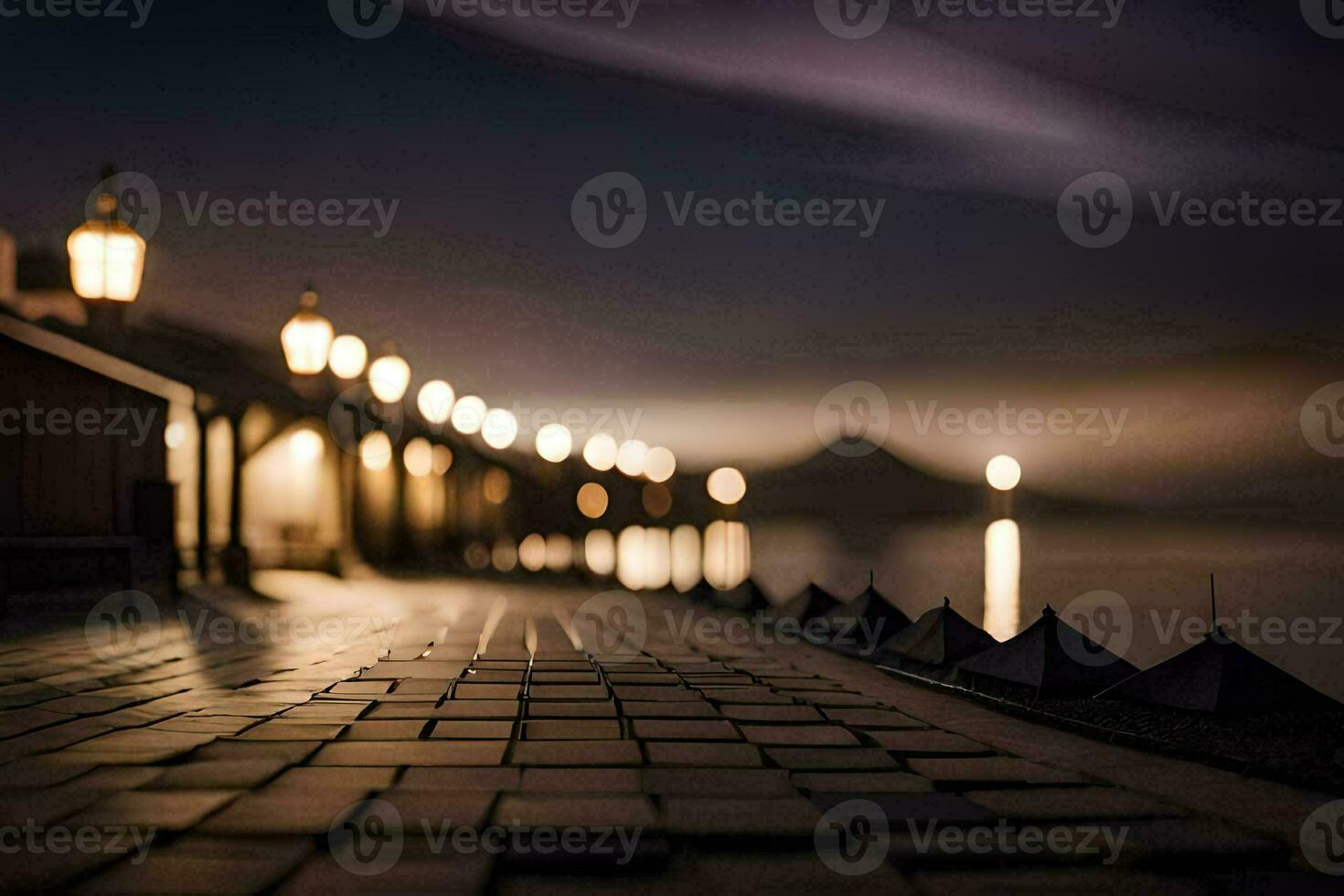 a long walkway with lights on it at night. AI-Generated photo