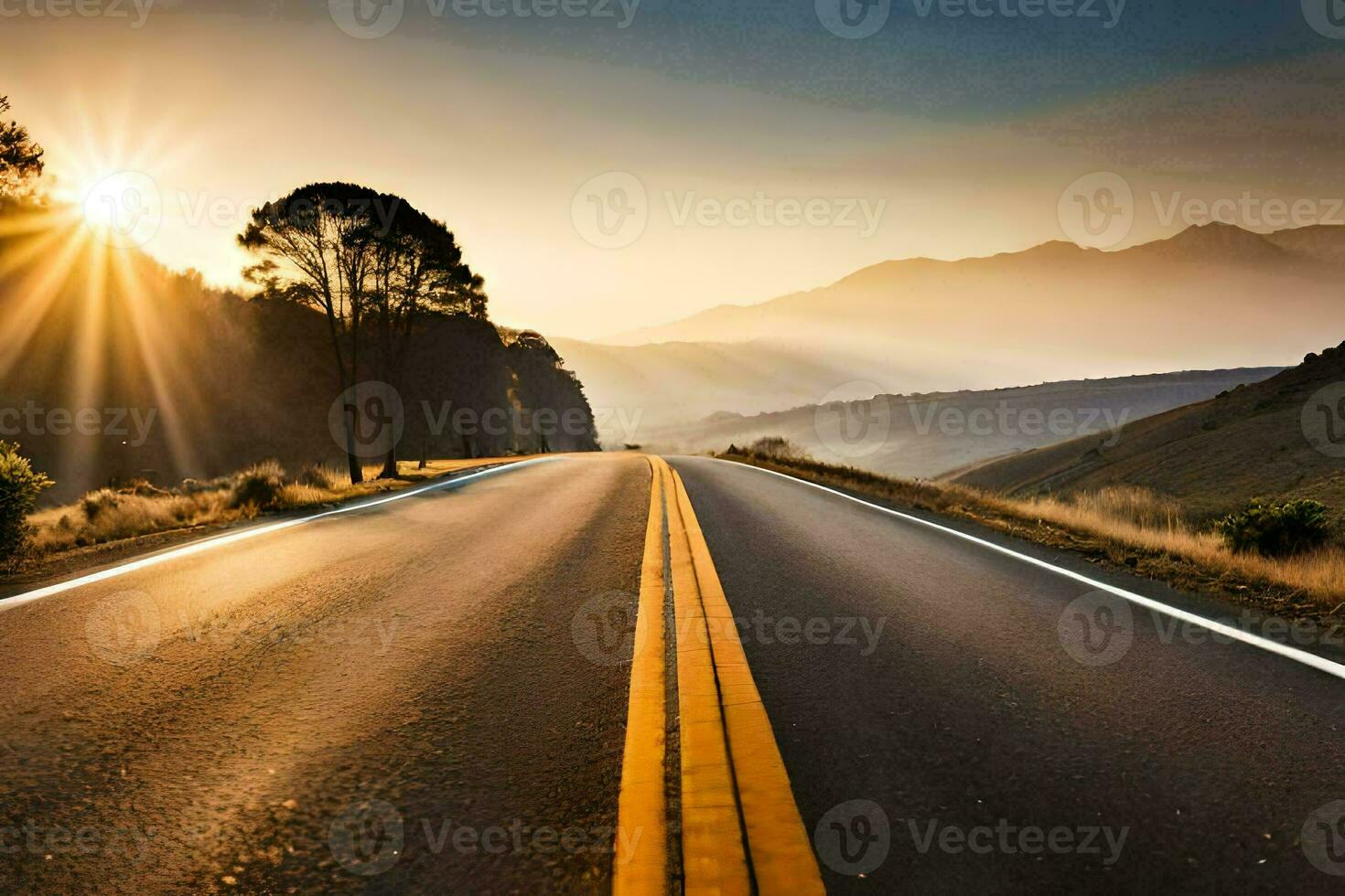 the sun shines over a road in the mountains. AI-Generated photo