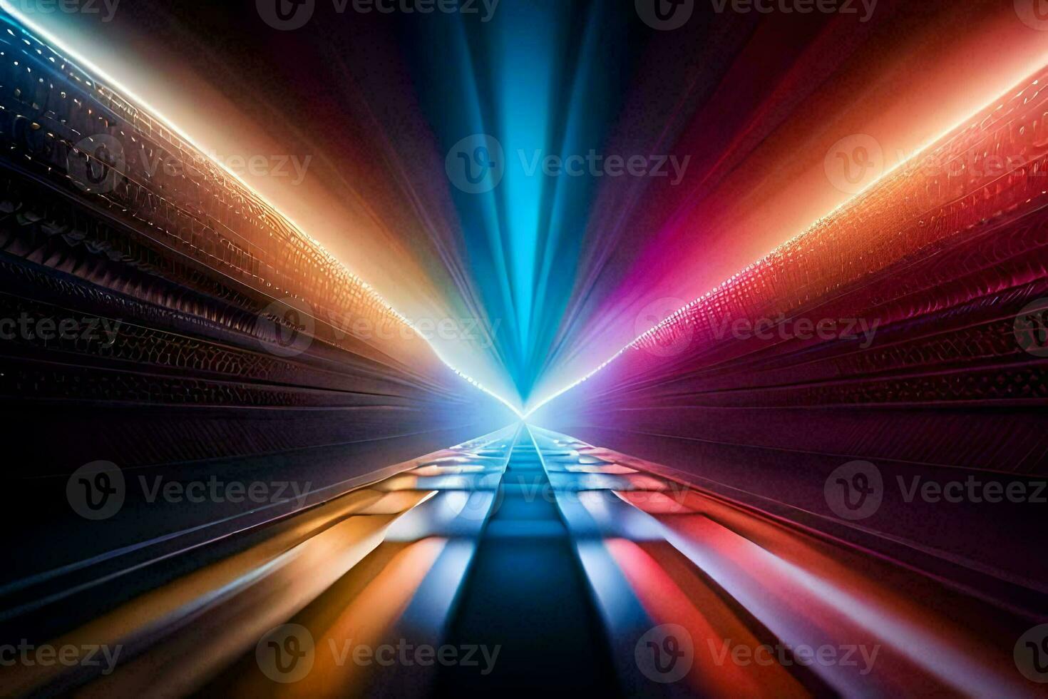 a colorful light beam is shining through the dark tunnel. AI-Generated photo