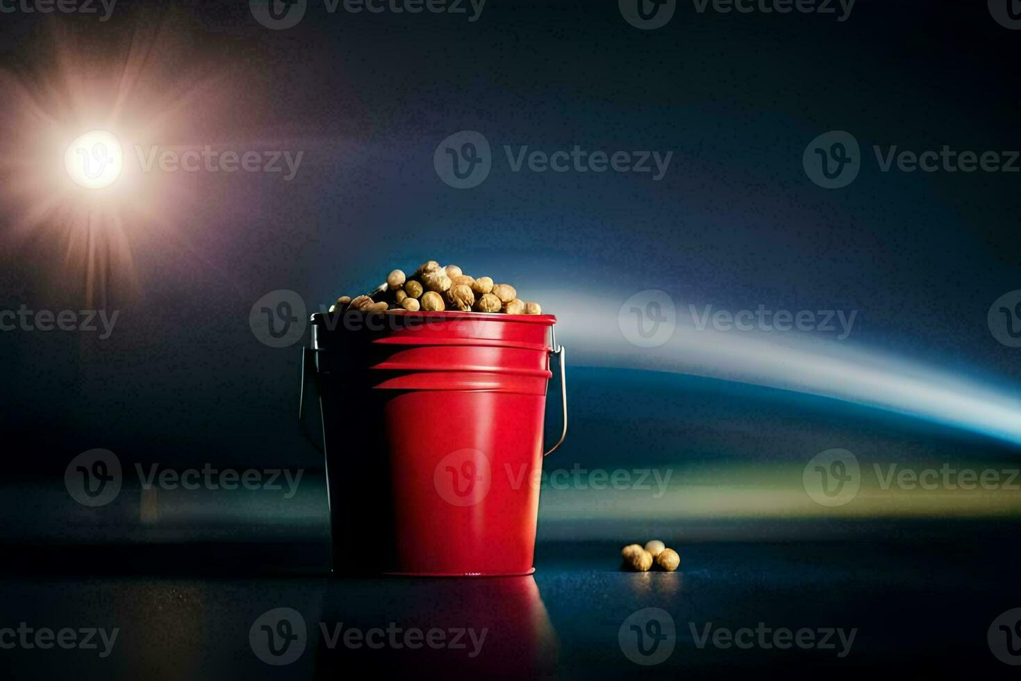 a red bucket filled with peanuts on a dark table. AI-Generated photo