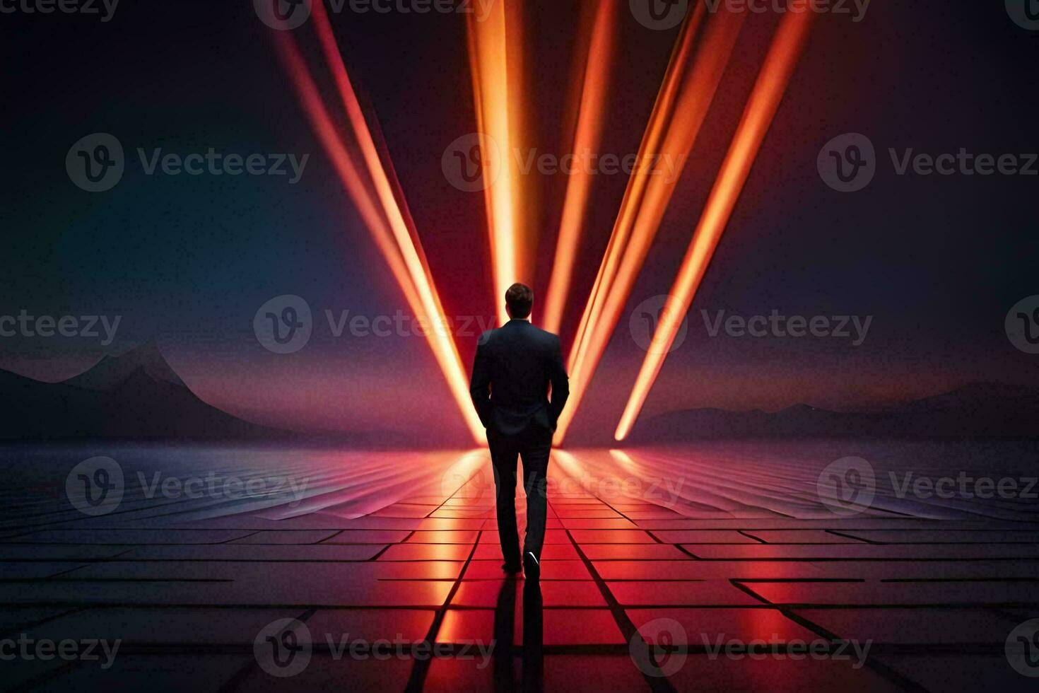 a man standing in front of a bright light. AI-Generated photo