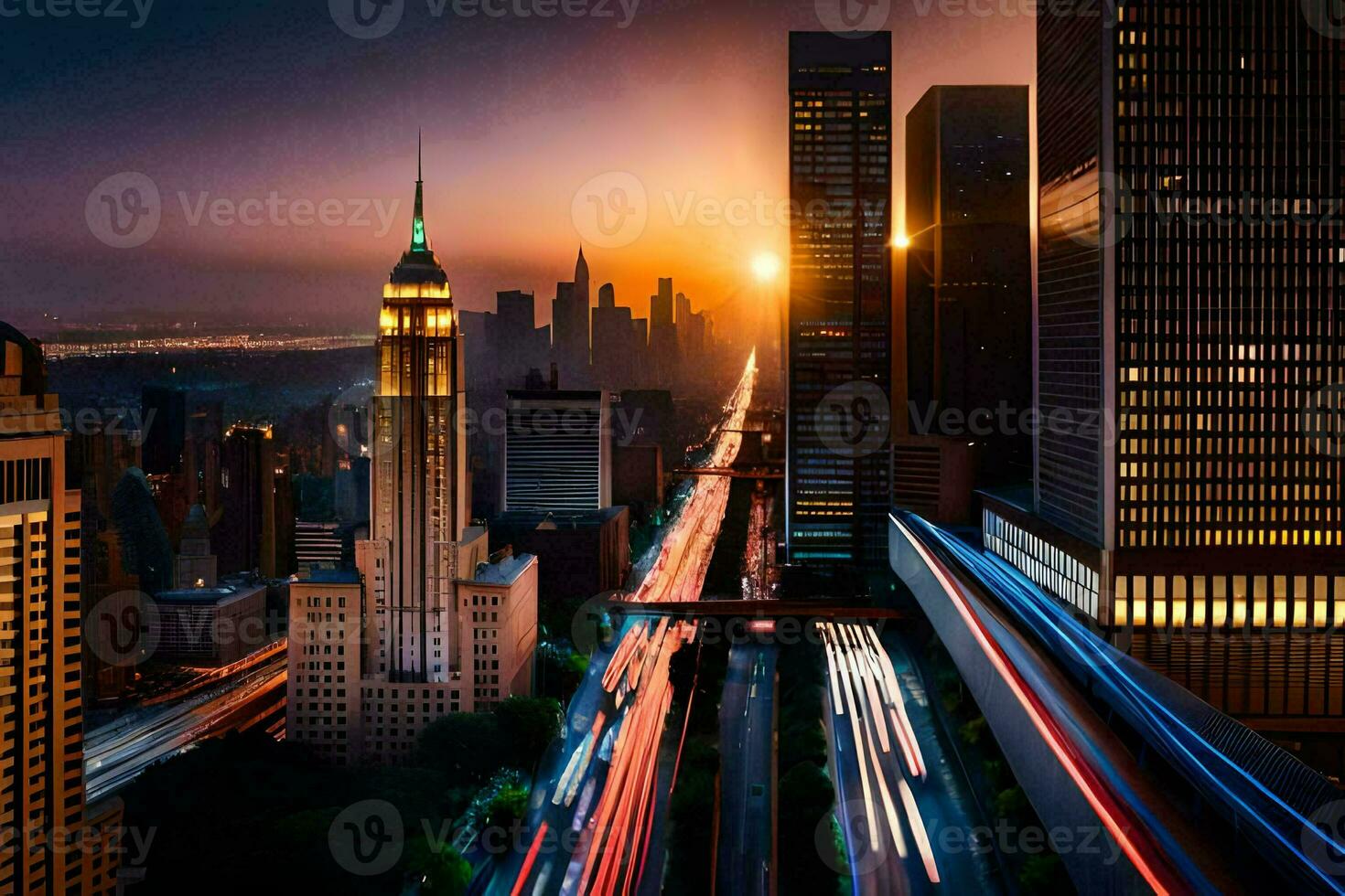 the city skyline at sunset with traffic lights. AI-Generated photo