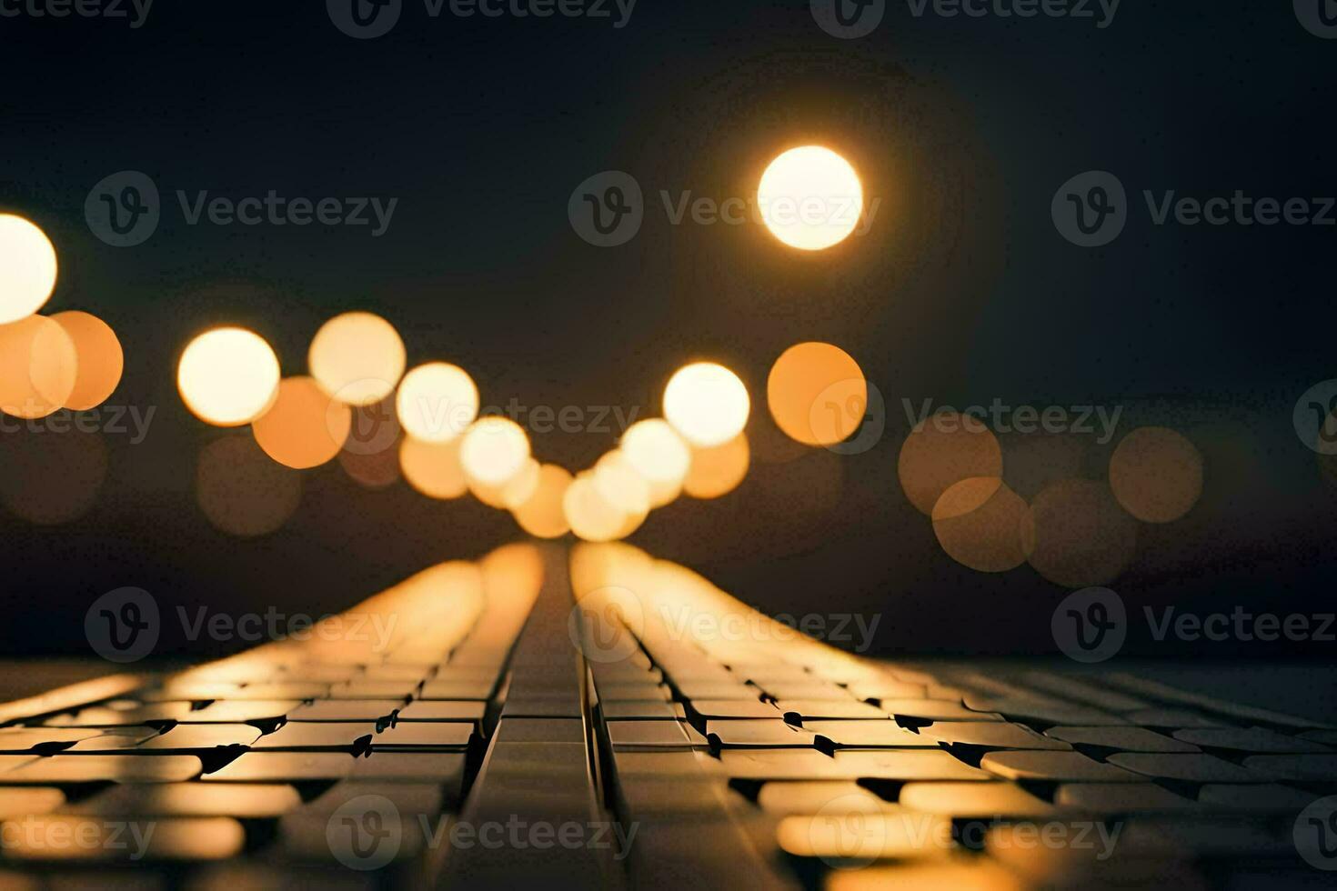 a long table with lights on it at night. AI-Generated photo