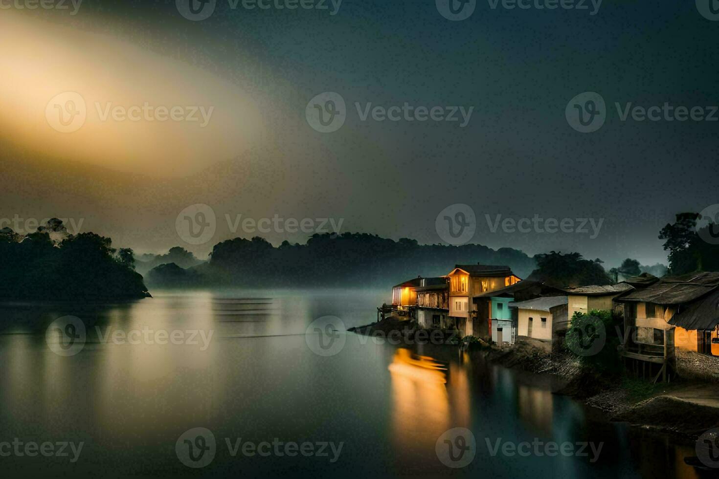 a river at night with houses on the shore. AI-Generated photo