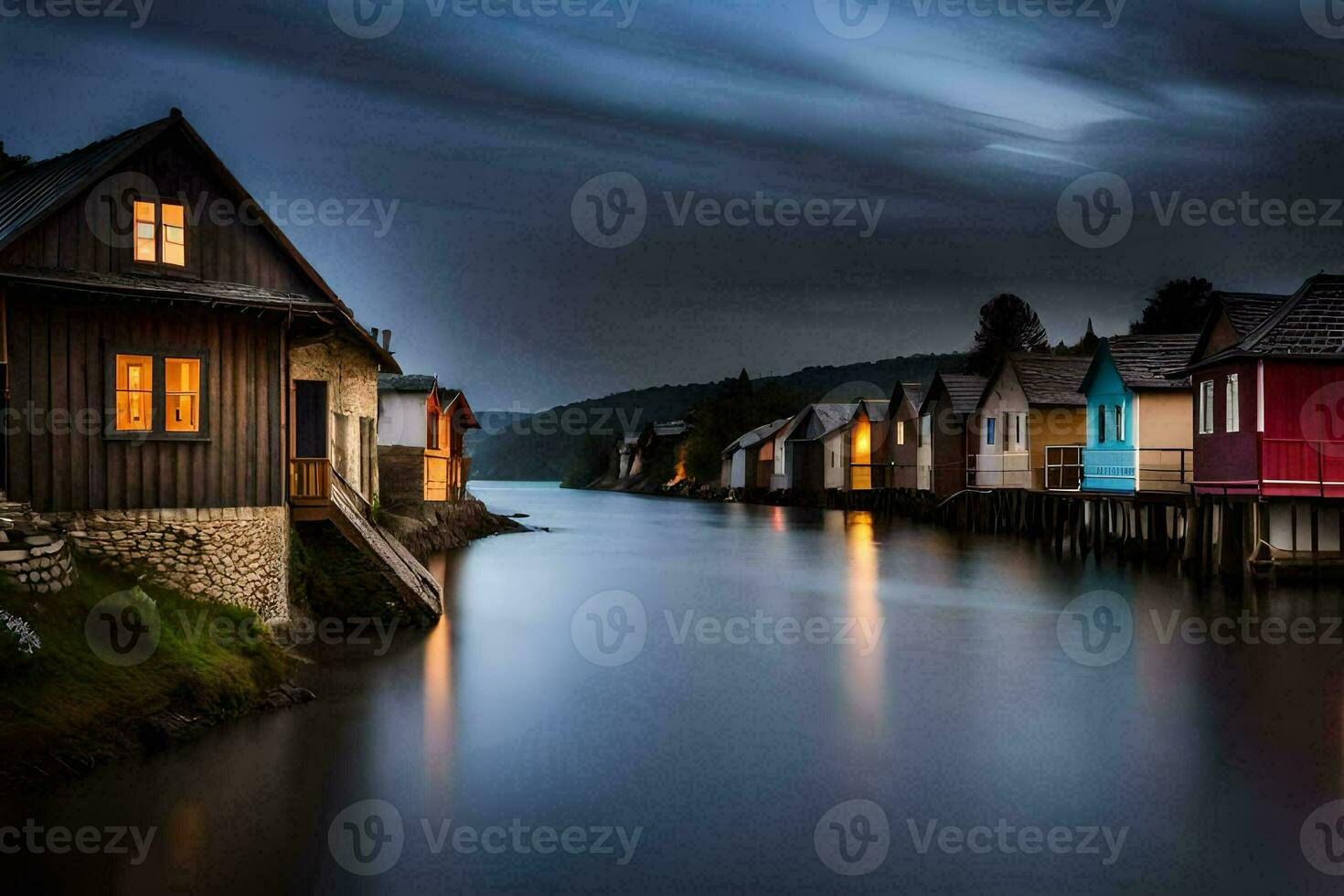photo wallpaper the sky, water, houses, the dark, the night, the water, the. AI-Generated