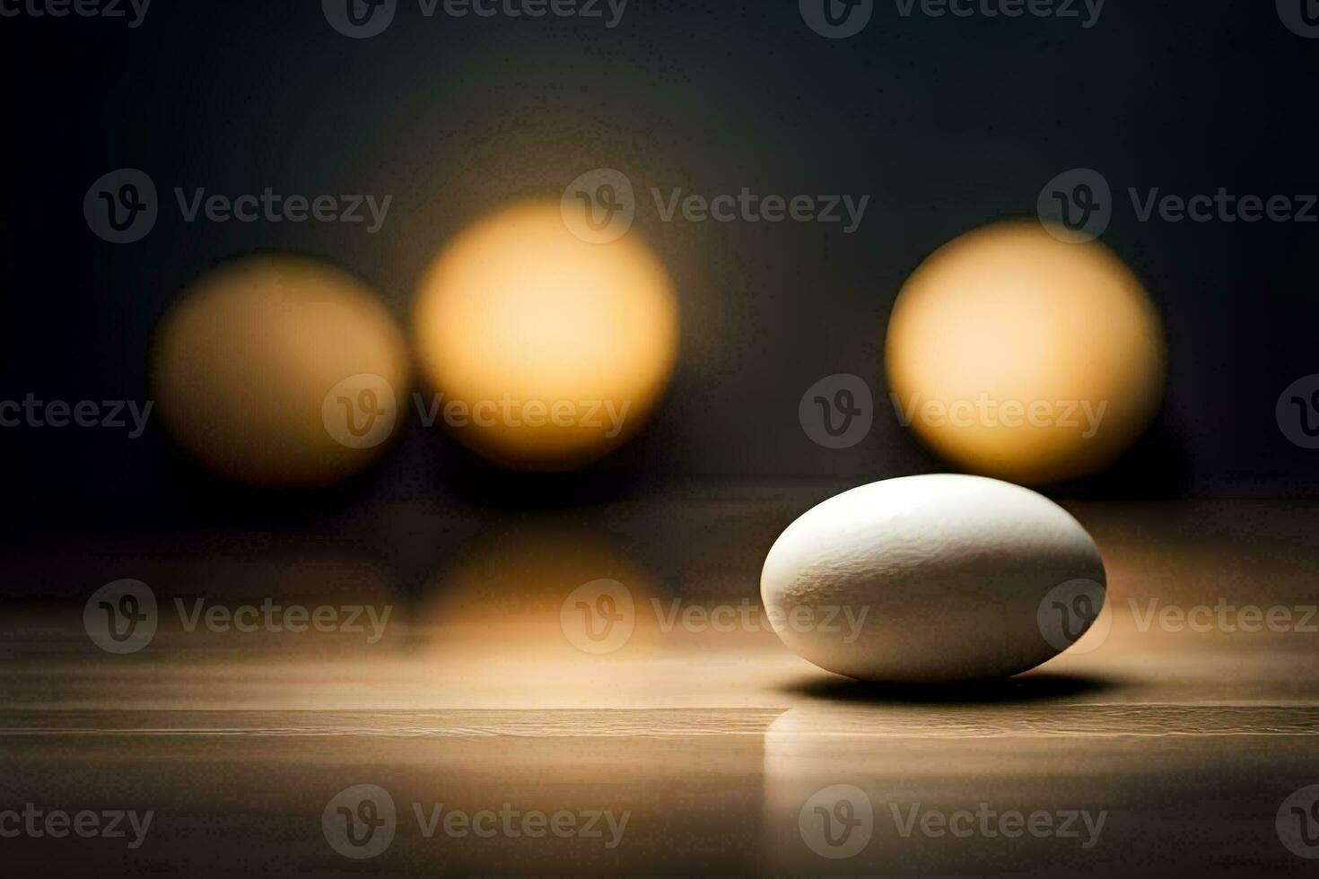 un blanco huevo en un de madera mesa con borroso luces. generado por ai foto