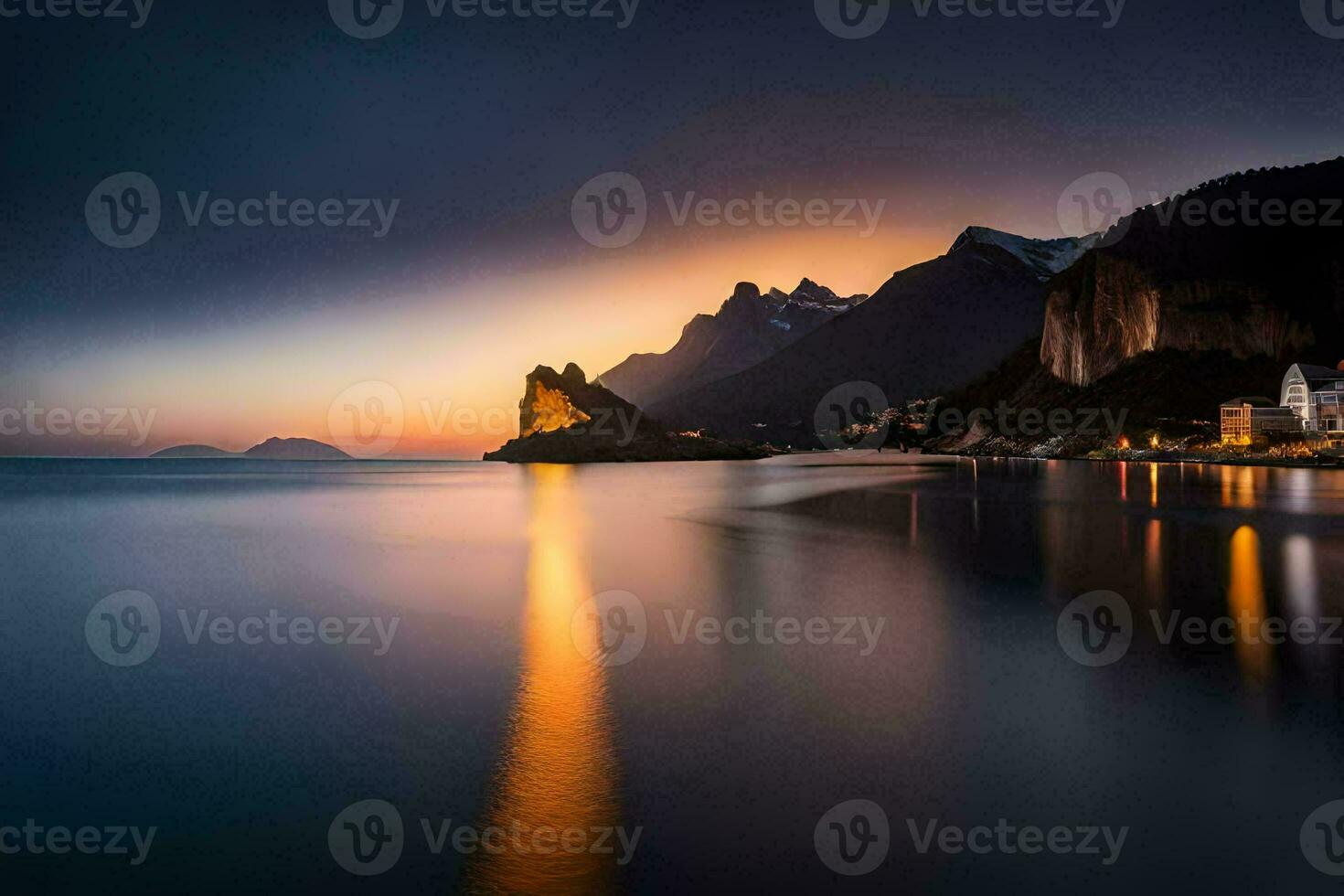 the sun sets over the ocean and mountains. AI-Generated photo