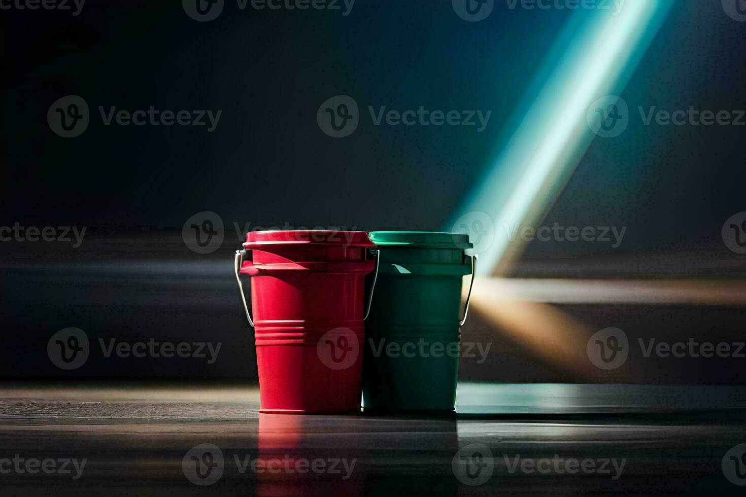 two red and green plastic cups on a table. AI-Generated photo