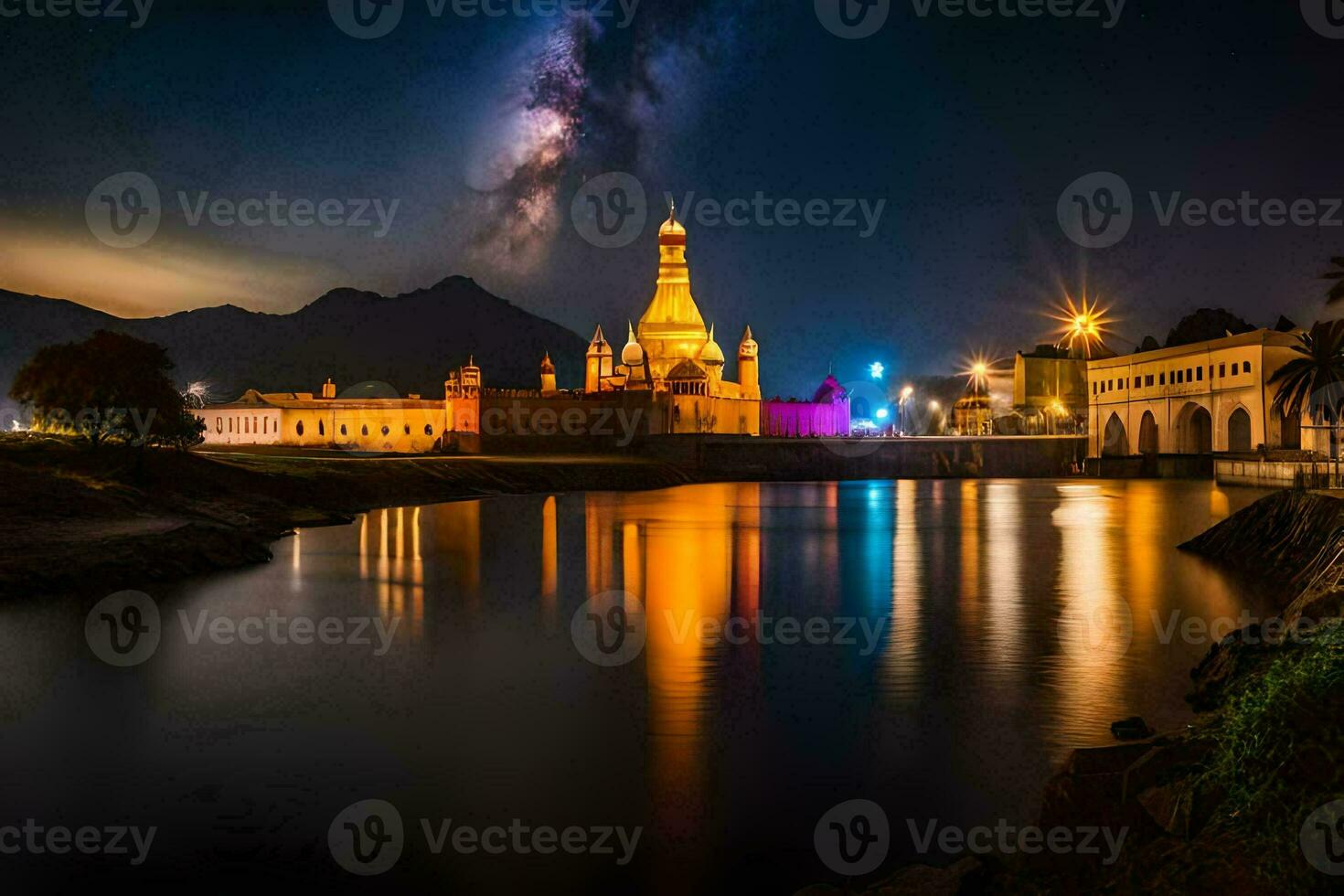 the milky way over the city of myanmar. AI-Generated photo