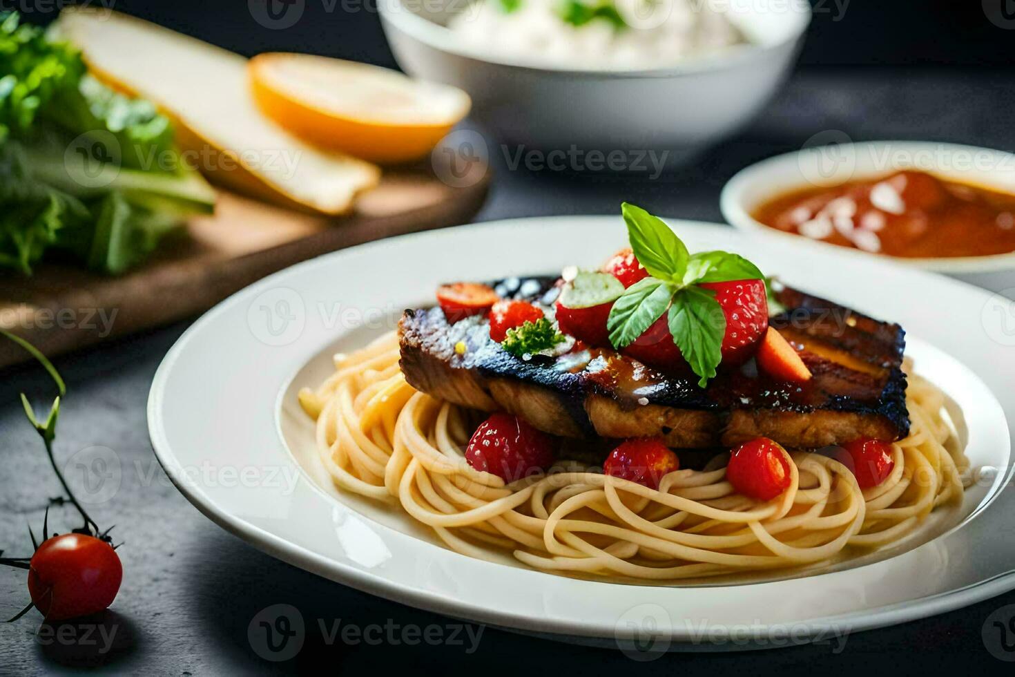 a plate of spaghetti with meat and tomatoes. AI-Generated photo