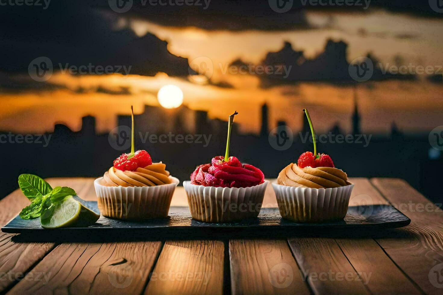 three cupcakes on a wooden table with sunset in the background. AI-Generated photo