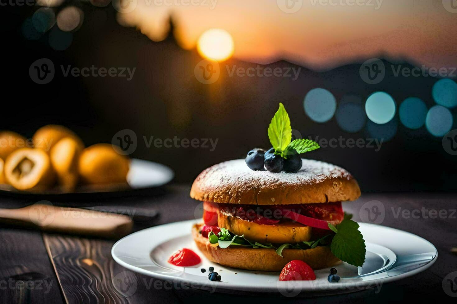 a burger with berries and a mountain in the background. AI-Generated photo