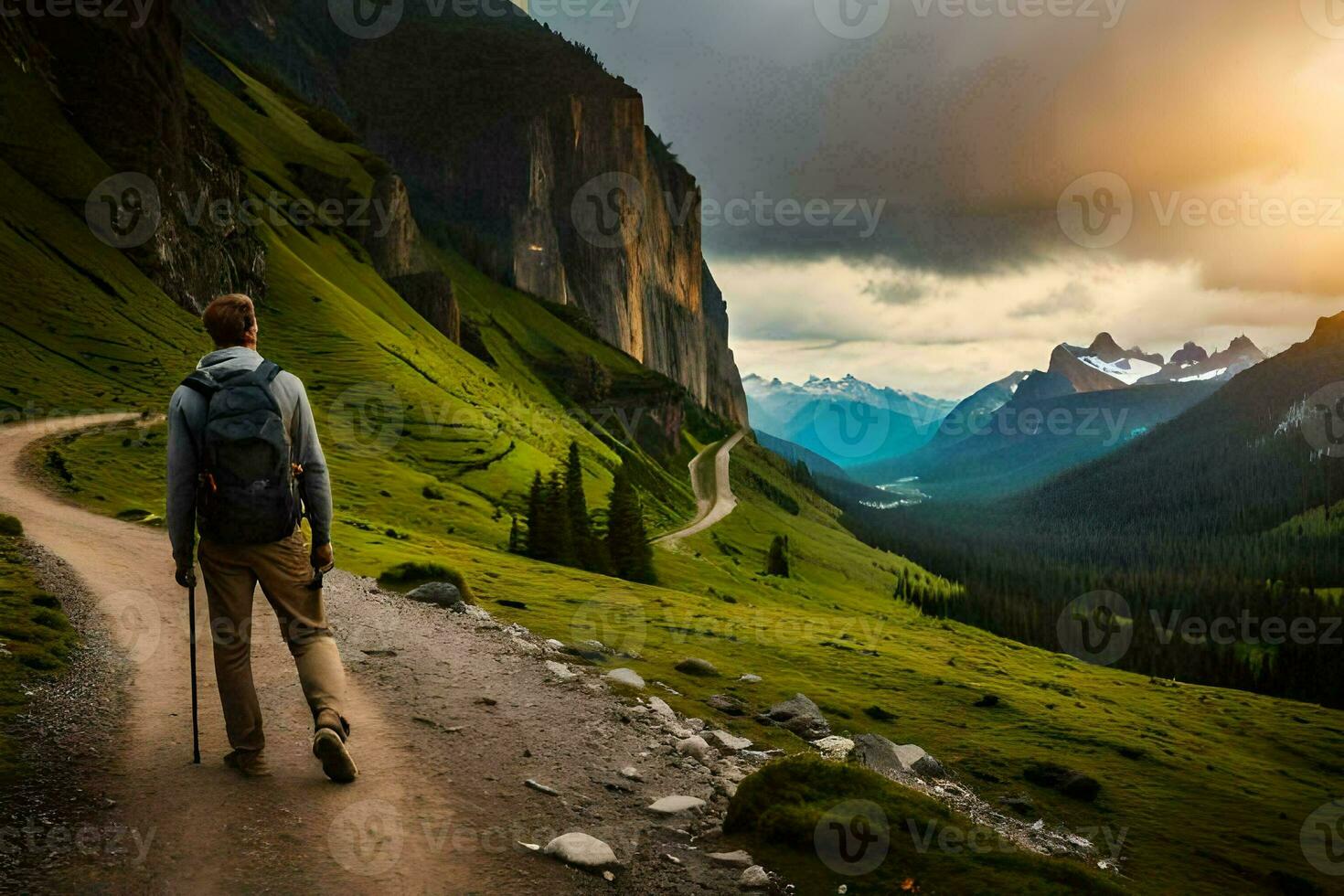 a man with a backpack walks down a path in the mountains. AI-Generated photo
