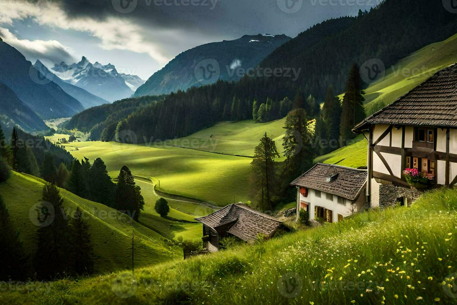 photo wallpaper mountains, the sky, grass, house, house, the mountains, the sky,. AI-Generated