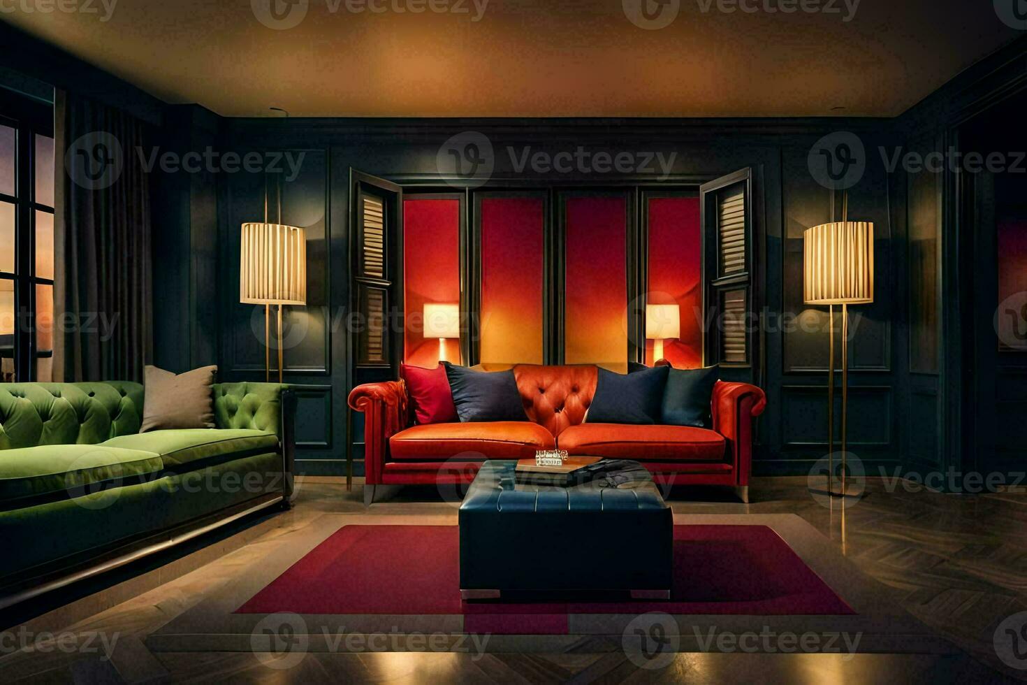 un vivo habitación con rojo, naranja y verde sofás generado por ai foto