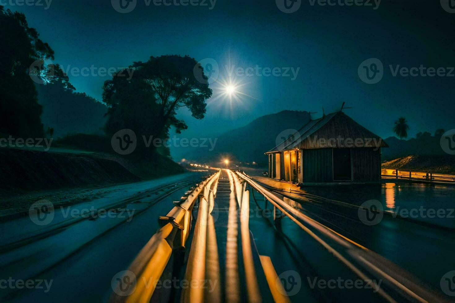 a train tracks at night with a moon in the sky. AI-Generated photo