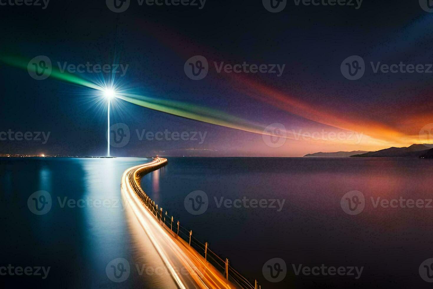 a long exposure photo of a light beam shining over the water. AI-Generated