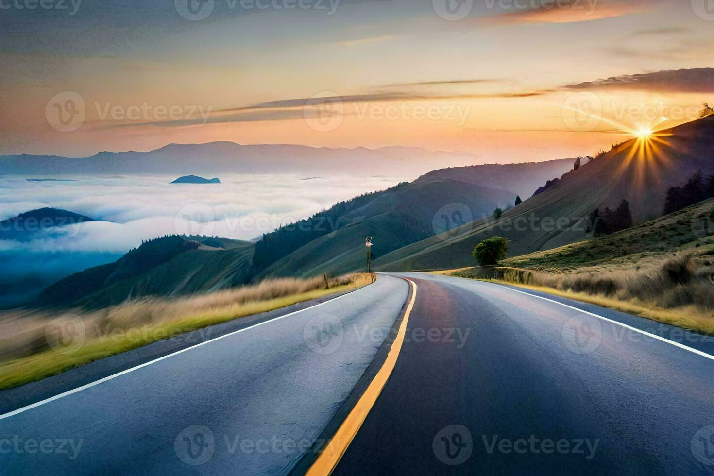 a road with the sun rising over the clouds. AI-Generated photo