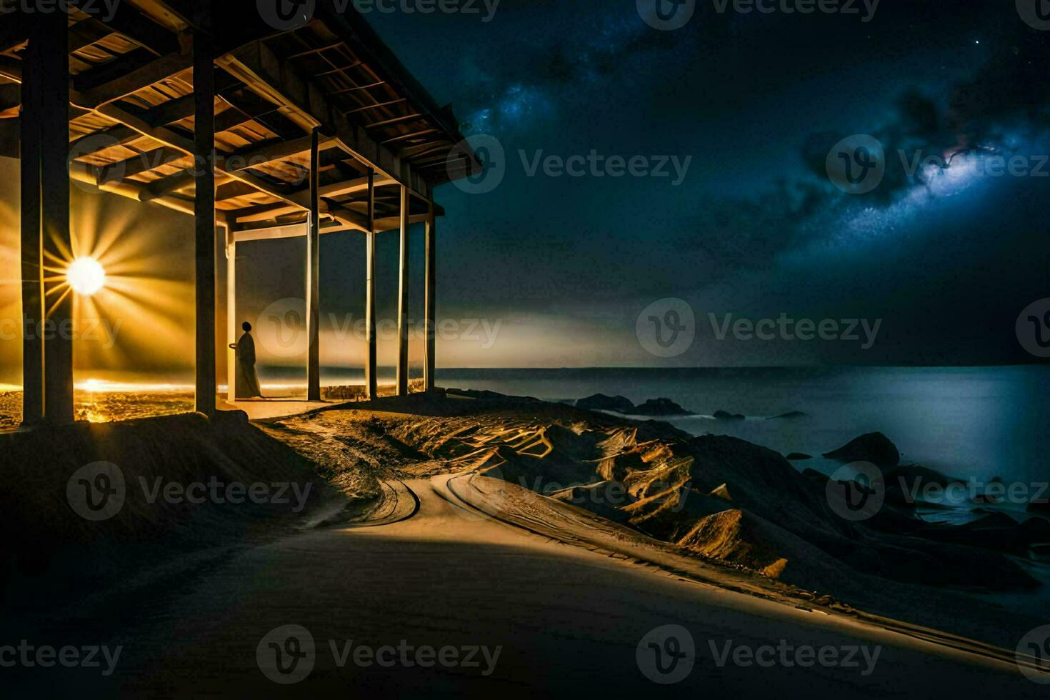the milky way over the ocean at night. AI-Generated photo