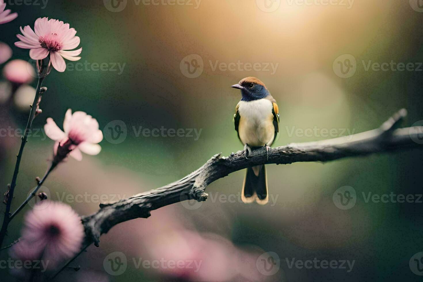 a bird sits on a branch with pink flowers. AI-Generated photo