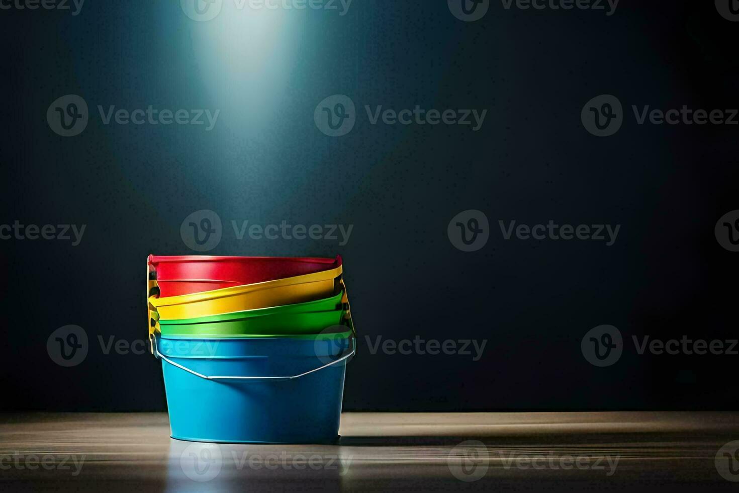 a stack of colorful buckets on a wooden table. AI-Generated photo