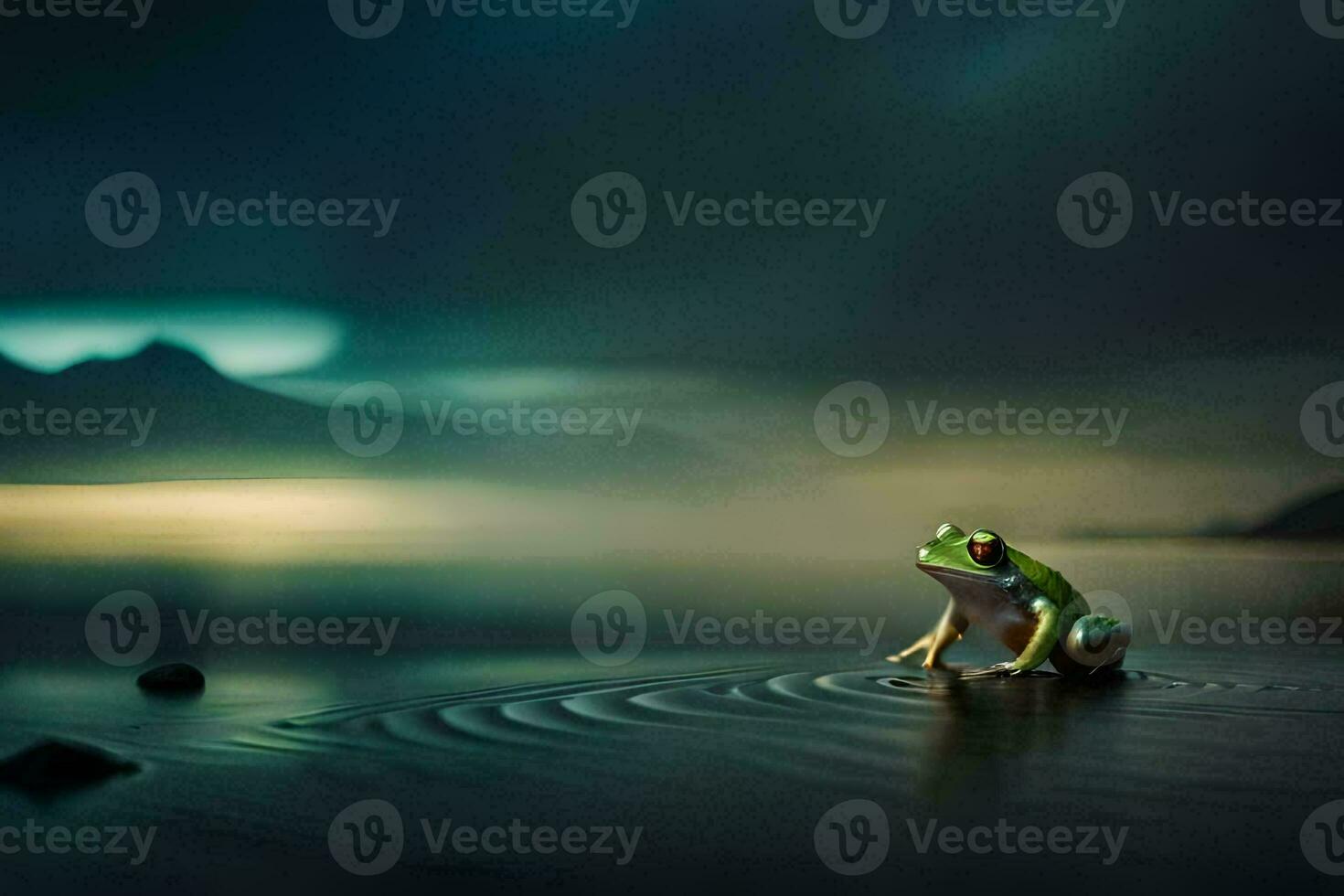 a frog sitting on the edge of a lake in the dark. AI-Generated photo