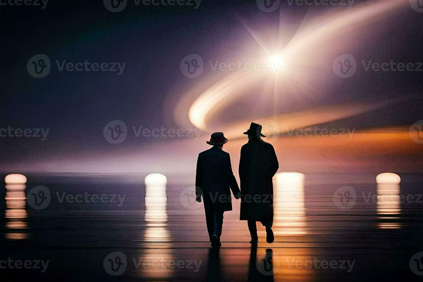 two people walking on the beach at night. AI-Generated photo