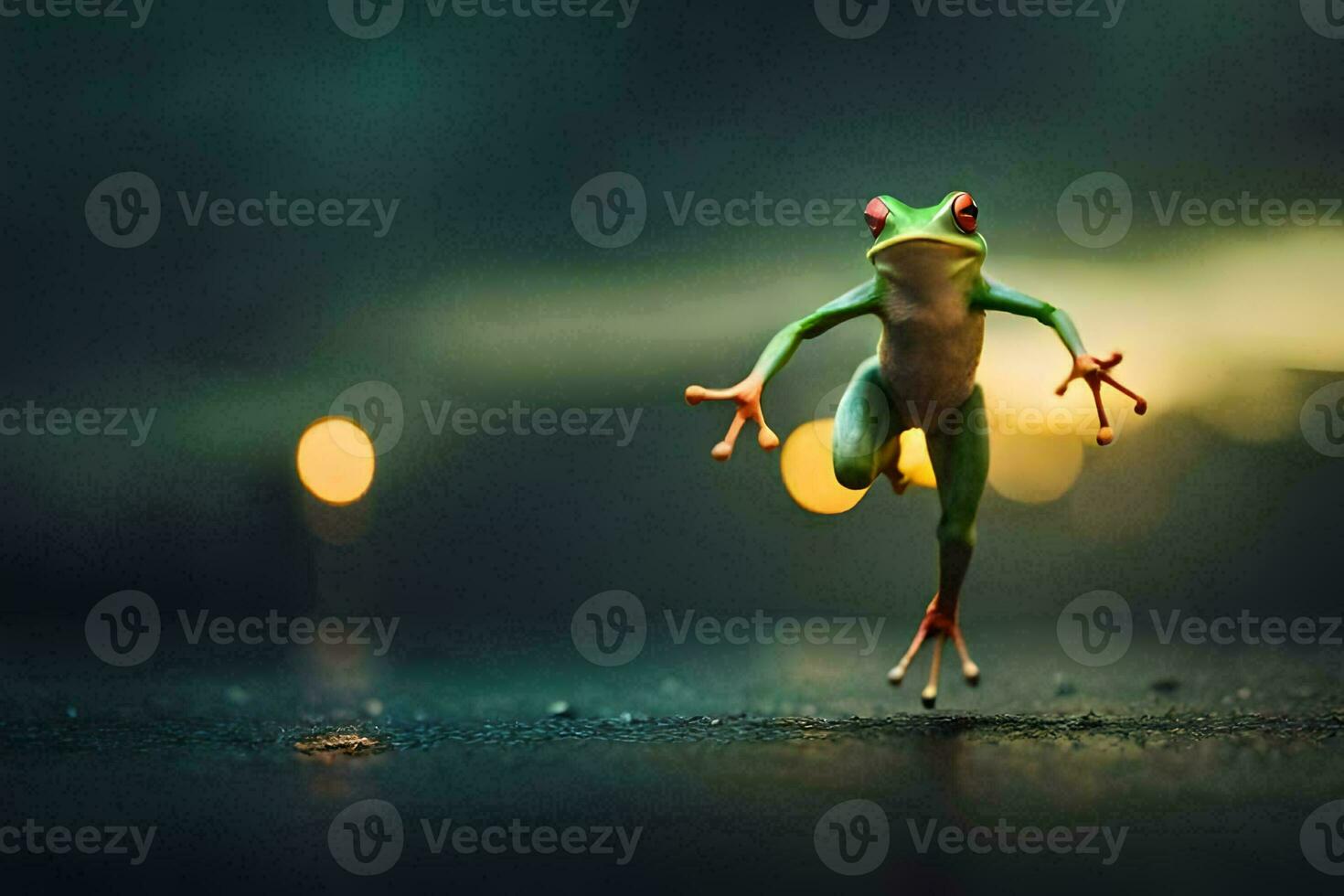 a frog is running on the road at night. AI-Generated photo