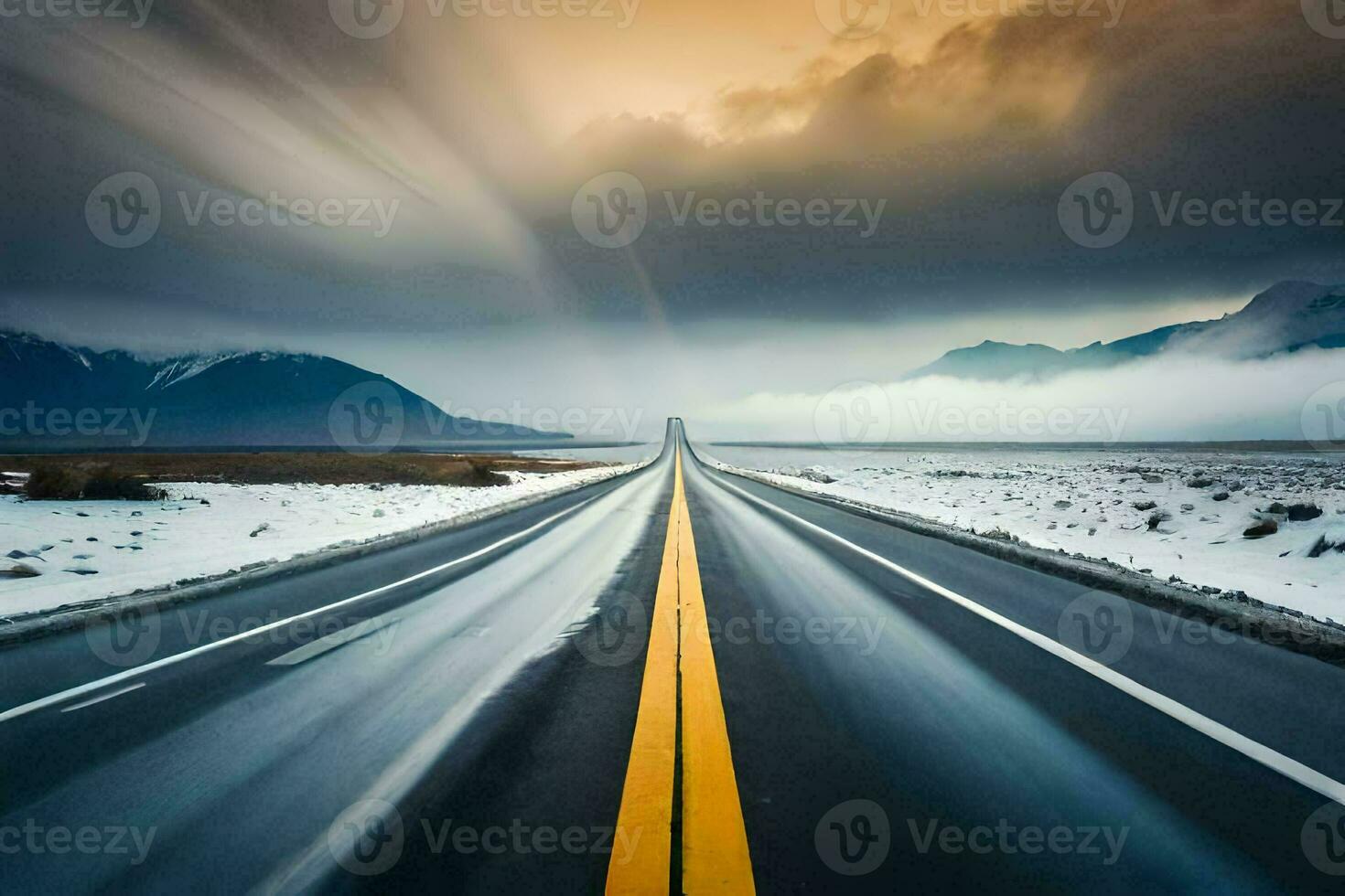 a long exposure photograph of a road in the snow. AI-Generated photo