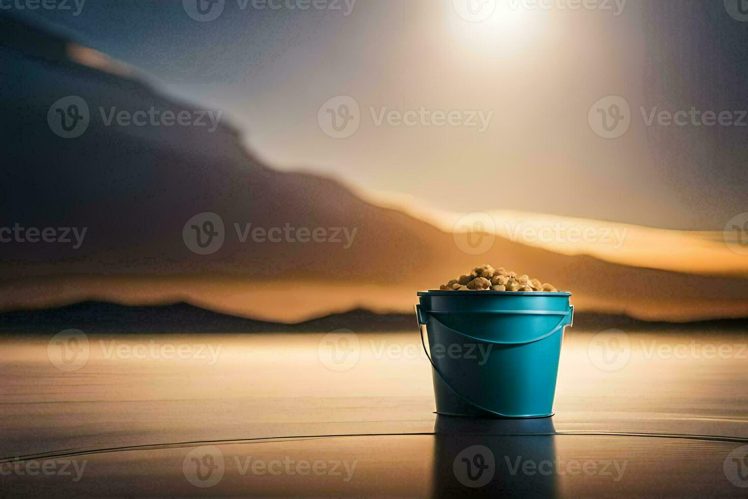 a bucket of fish on the beach with the sun in the background. AI-Generated photo