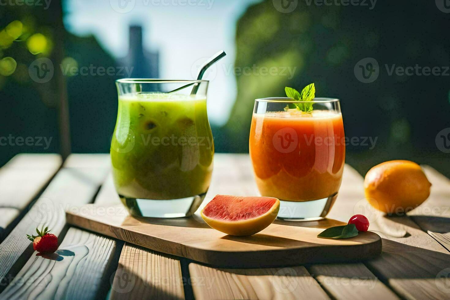 dos lentes de jugo en un de madera mesa. generado por ai foto