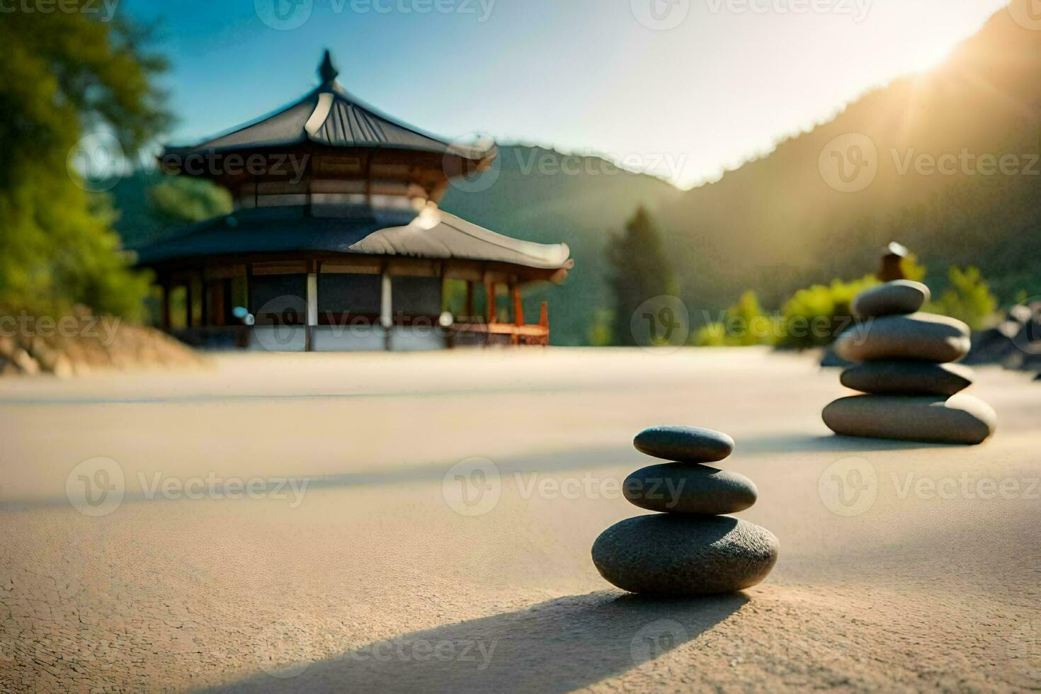a stone pile in the sand with a pagoda in the background. AI-Generated photo