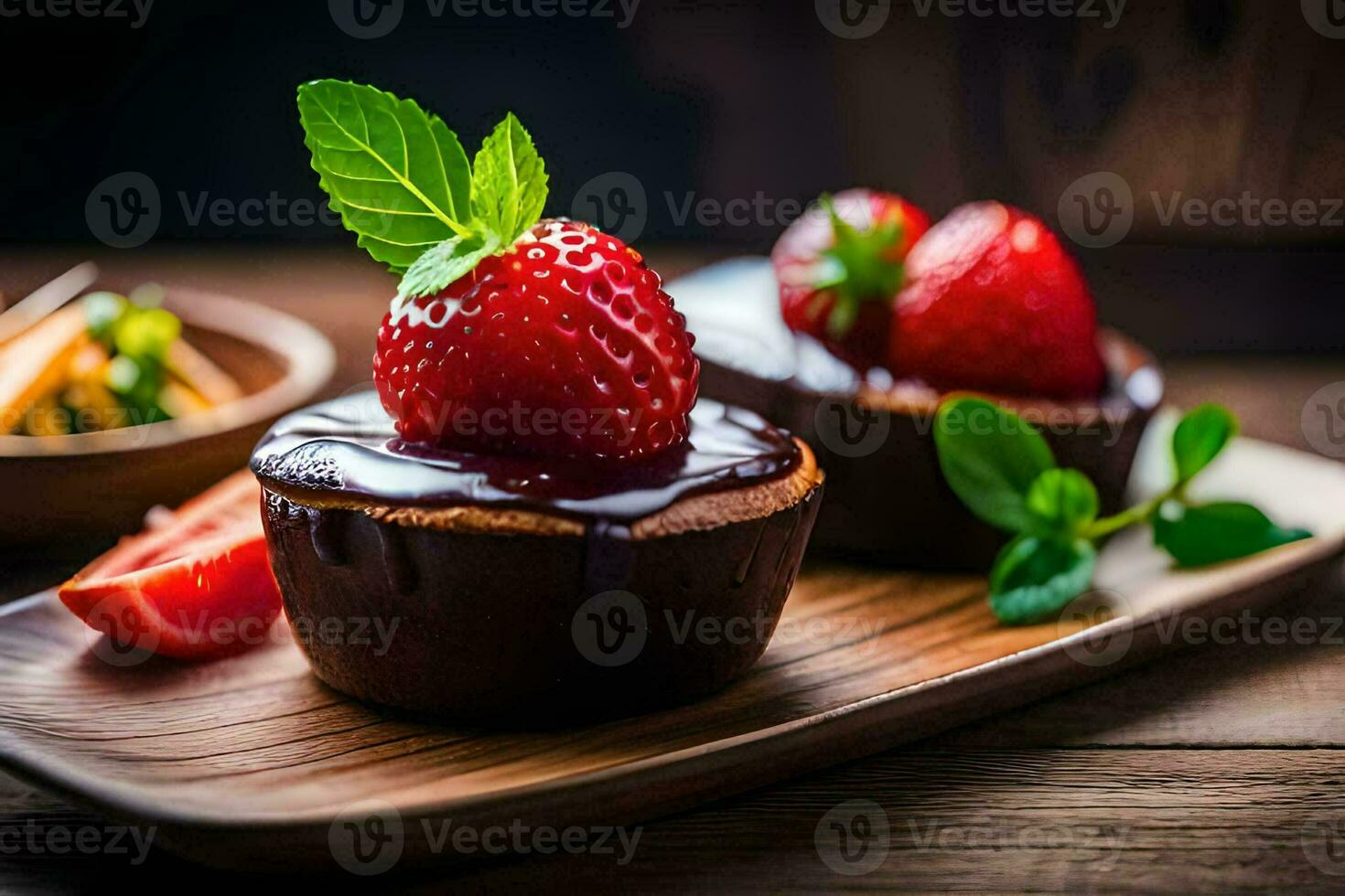 two chocolate cupcakes with strawberries on a wooden tray. AI-Generated photo