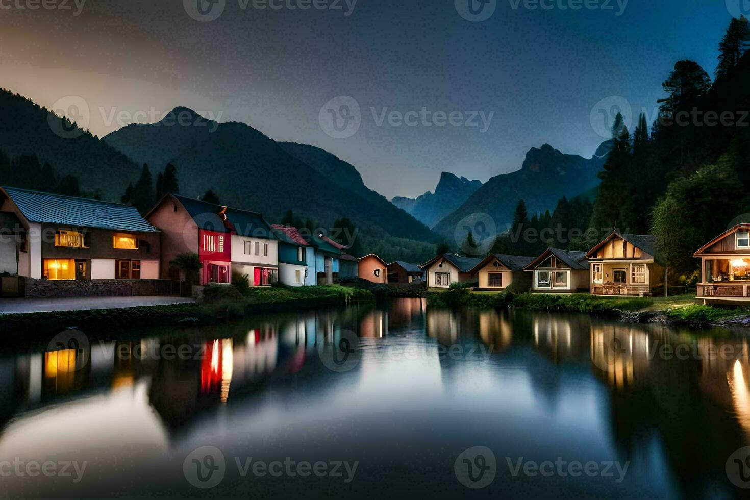 photo wallpaper the sky, mountains, water, houses, the night, the mountains, the lake. AI-Generated