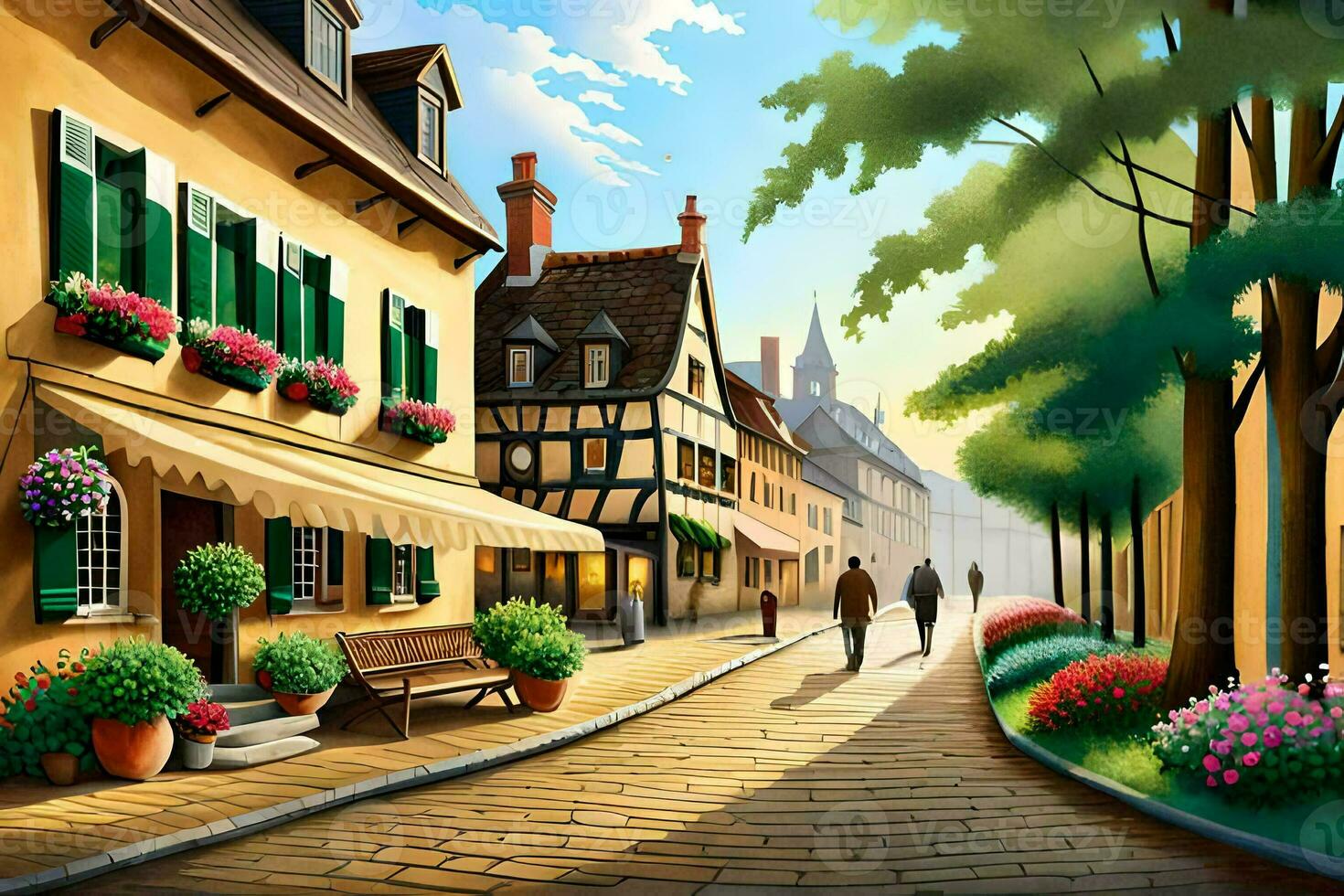 a painting of a street in europe. AI-Generated photo