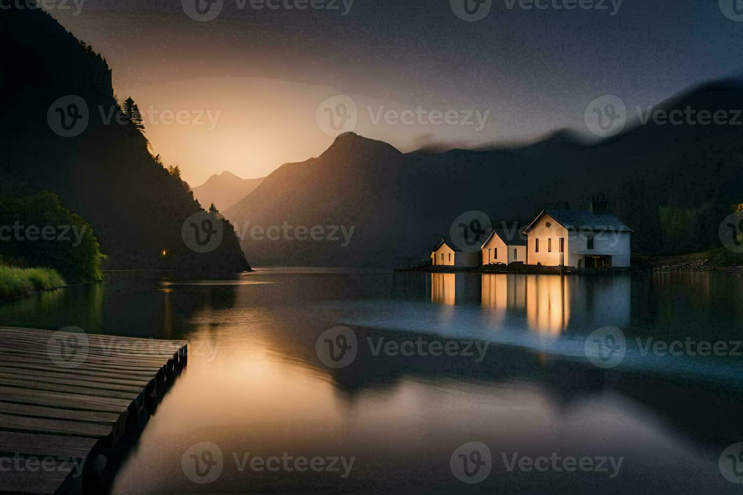 a lake with houses on the shore and mountains in the background. AI-Generated photo