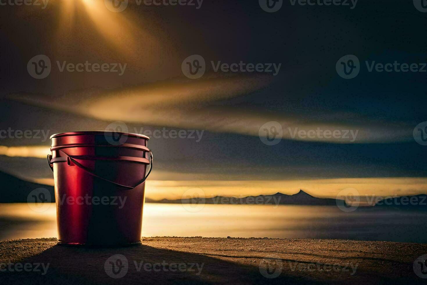 a red bucket sitting on the ground near the ocean. AI-Generated photo