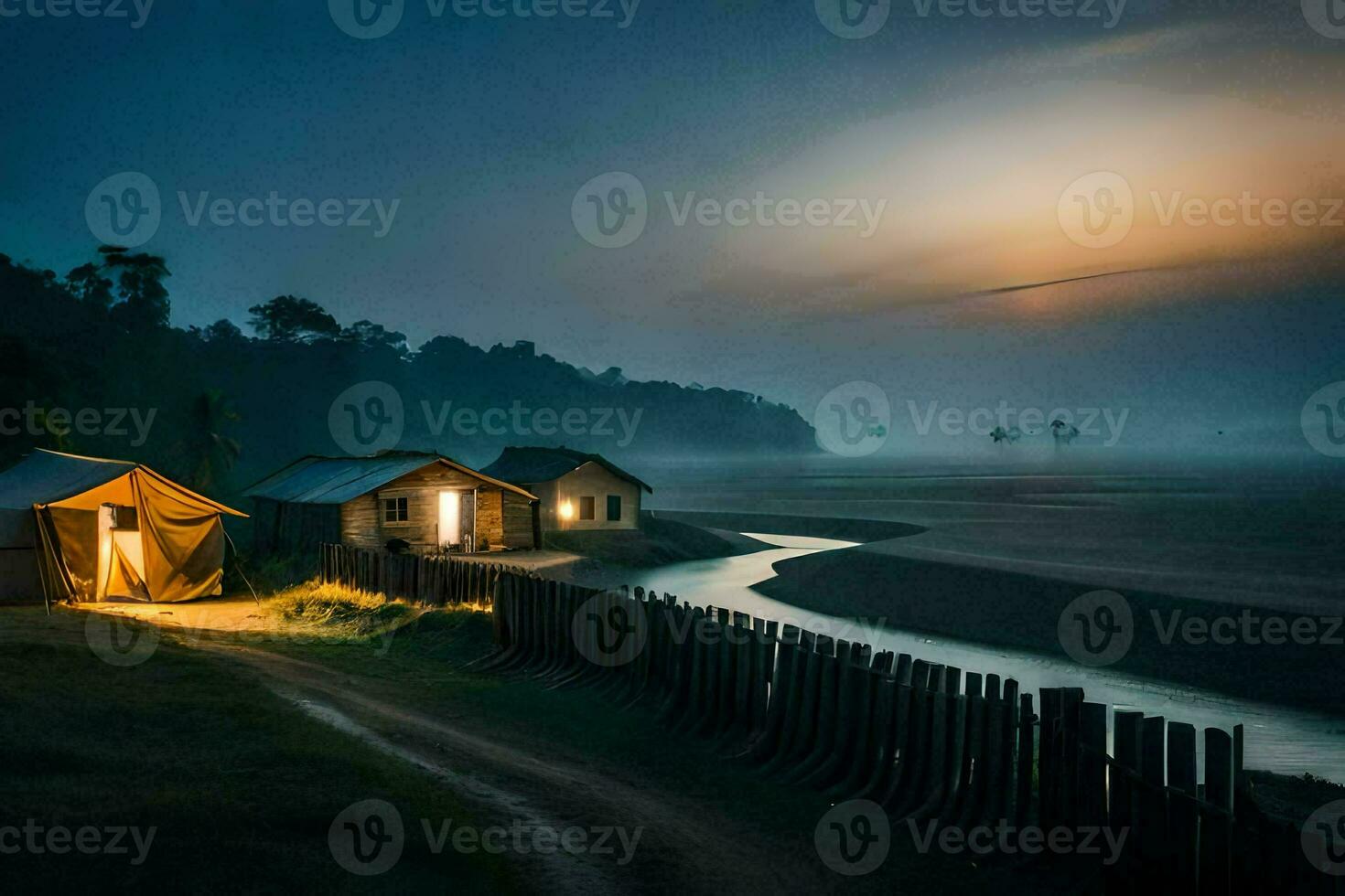 the sunrise over the river at night. AI-Generated photo