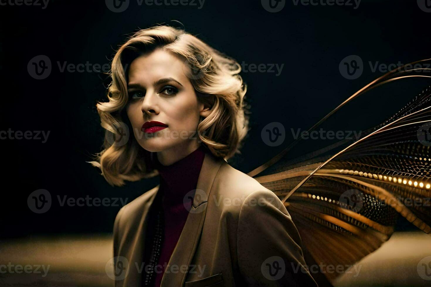 a woman with red lipstick and a brown jacket. AI-Generated photo