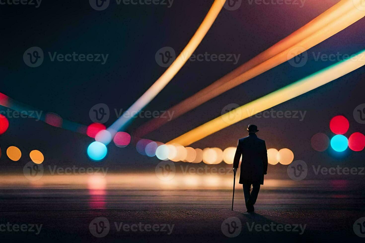 a man walking in the dark with lights in the background. AI-Generated photo