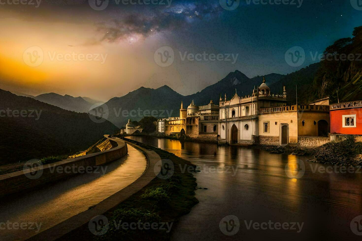 el lechoso camino terminado el río en India. generado por ai foto