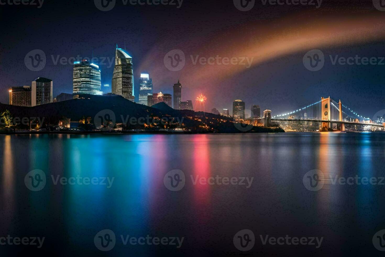 the city skyline at night with a rainbow over the water. AI-Generated photo