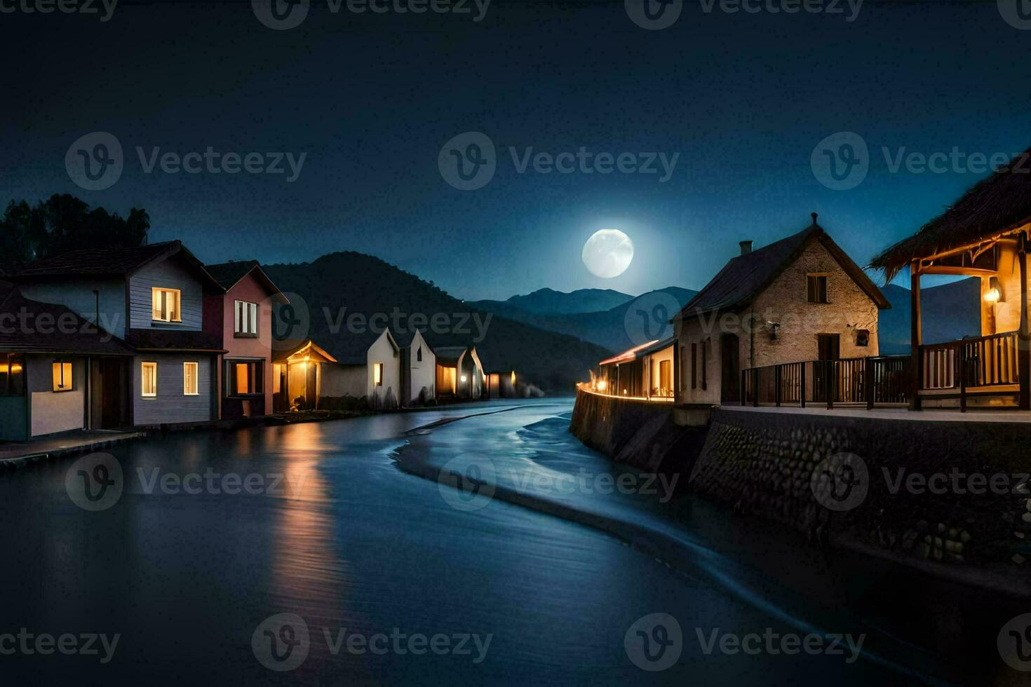 un río carreras mediante un pueblo a noche con un lleno Luna. generado por ai foto